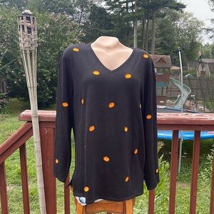 Quacker Factory Halloween Embroidered Pumpkin Long Sleeve V Neck Size Med
